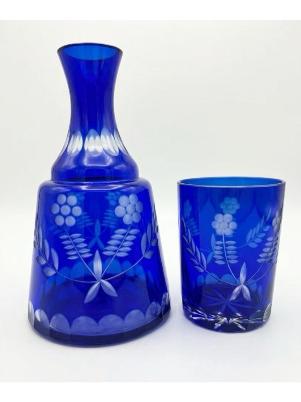 Vintage Bohemian Cobalt Blue Cut To Clear Glass Bedside Tumble Up Carafe Set